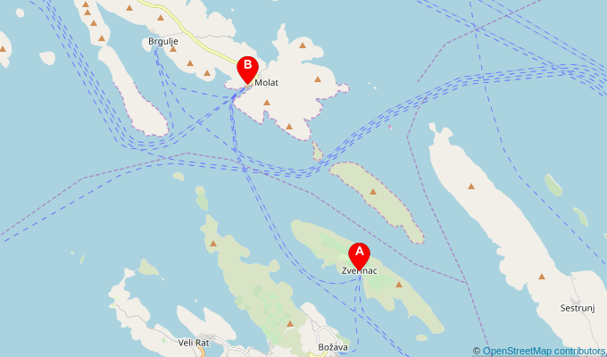 Map of ferry route between Zverinac and Molat
